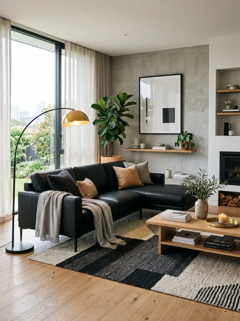 Clean modern living room with black couch, statement rug, and warm ambient lighting.