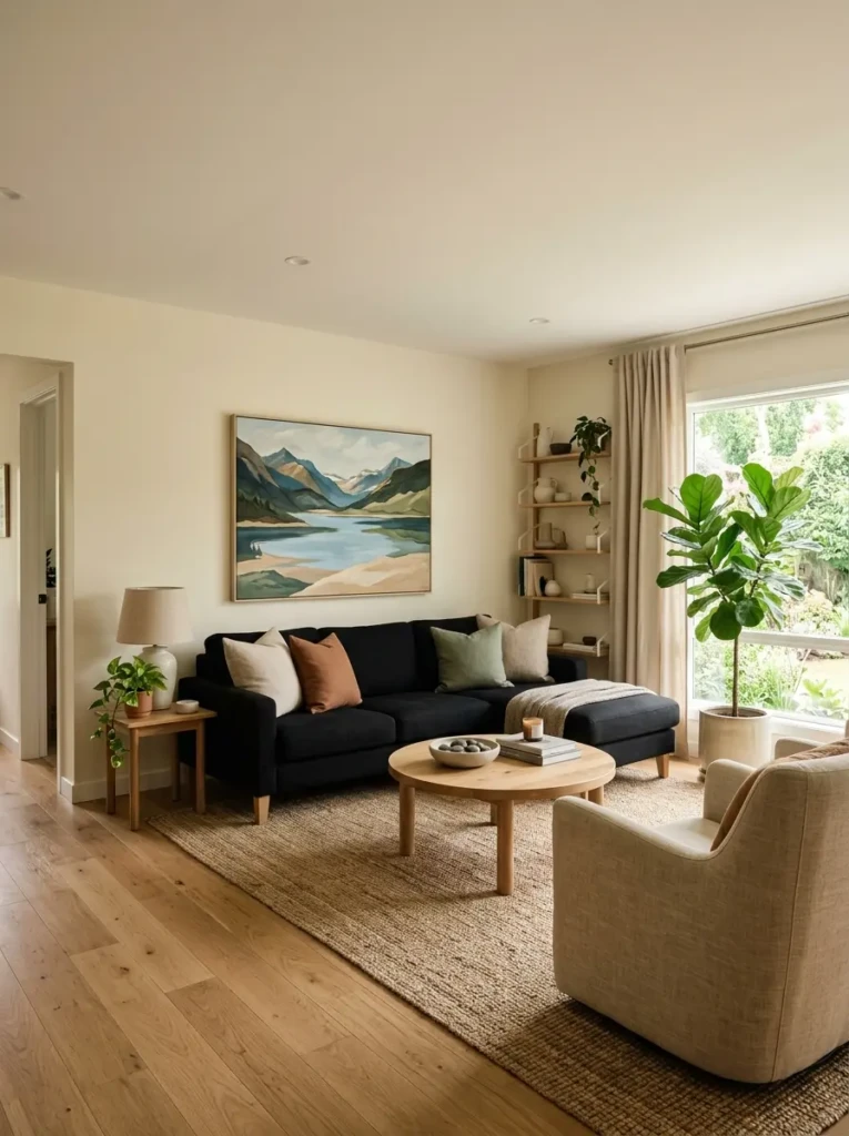 Harmonious living room with black couch against wall and clear open pathways.