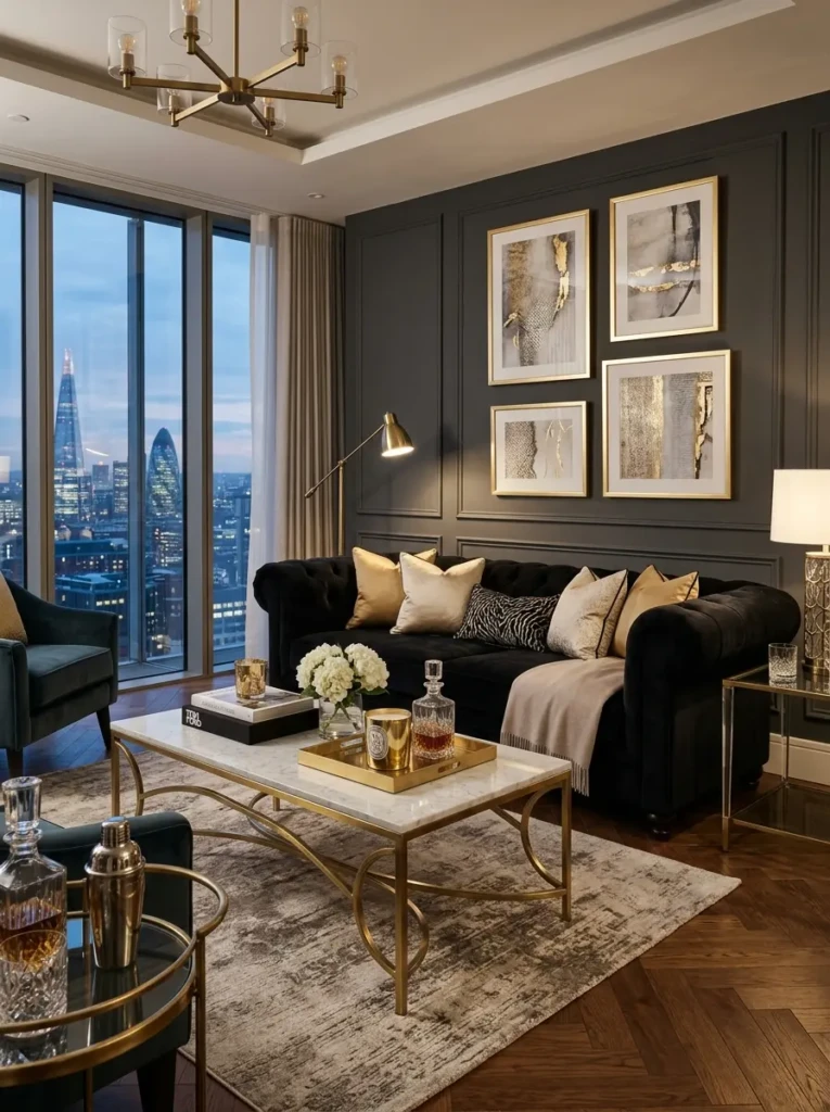 Elegant black velvet couch with marble table, brass decor, and luxury apartment styling.