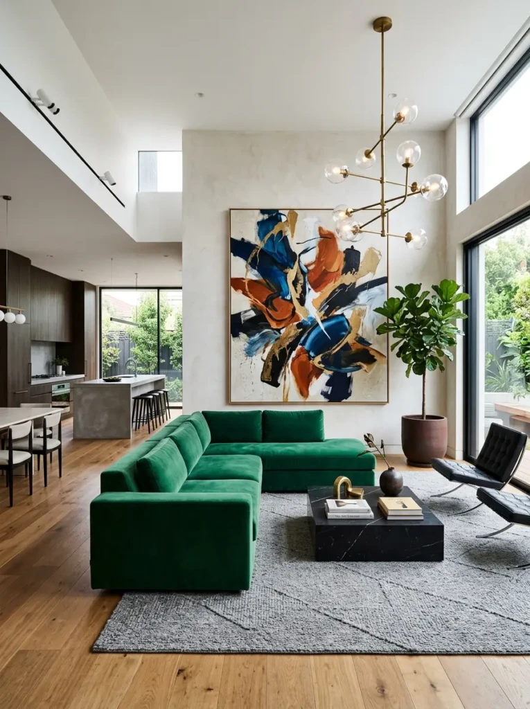 Modern living room featuring oversized artwork, sculptural lamp, and bold sectional sofa centerpiece.