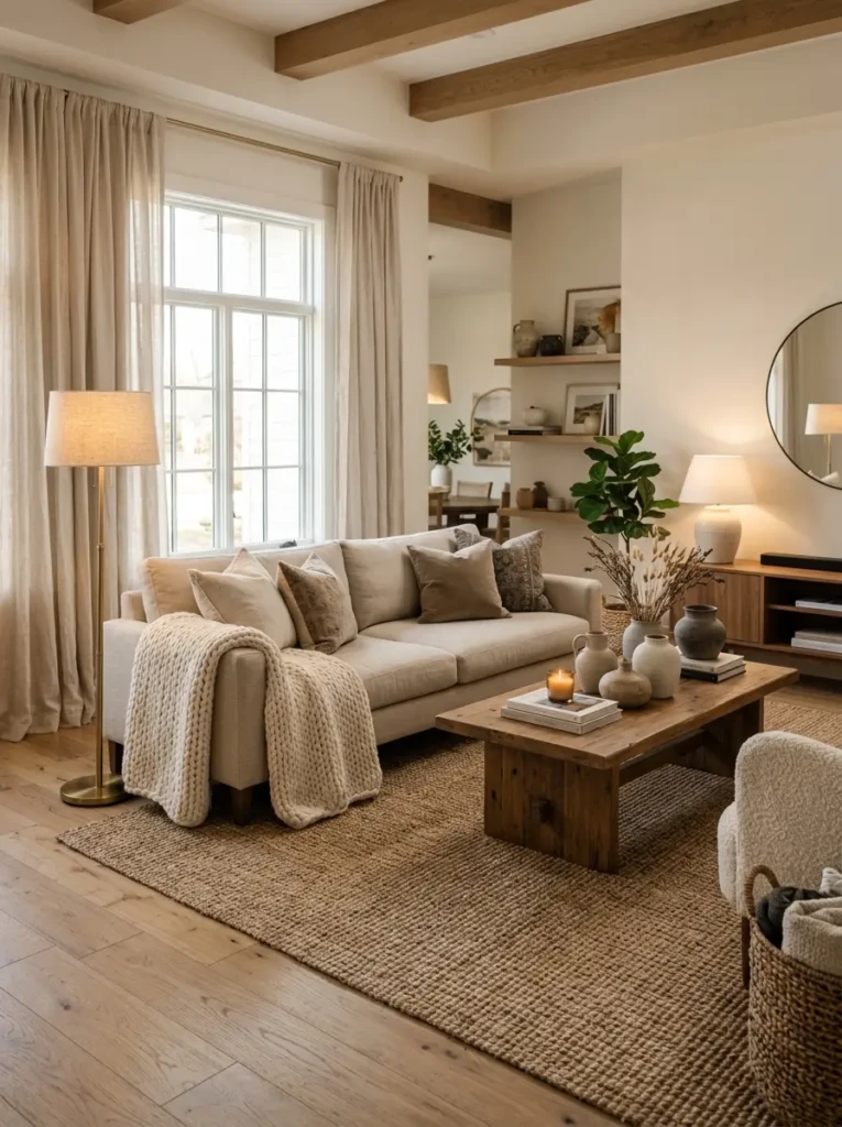 Open living room with woven rug, boucle chair, linen curtains, and textured cozy accessories.
