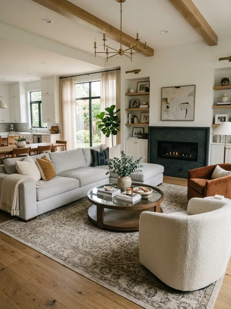 Open living room furniture arranged for conversation with sectional sofa and accent chairs facing inward.