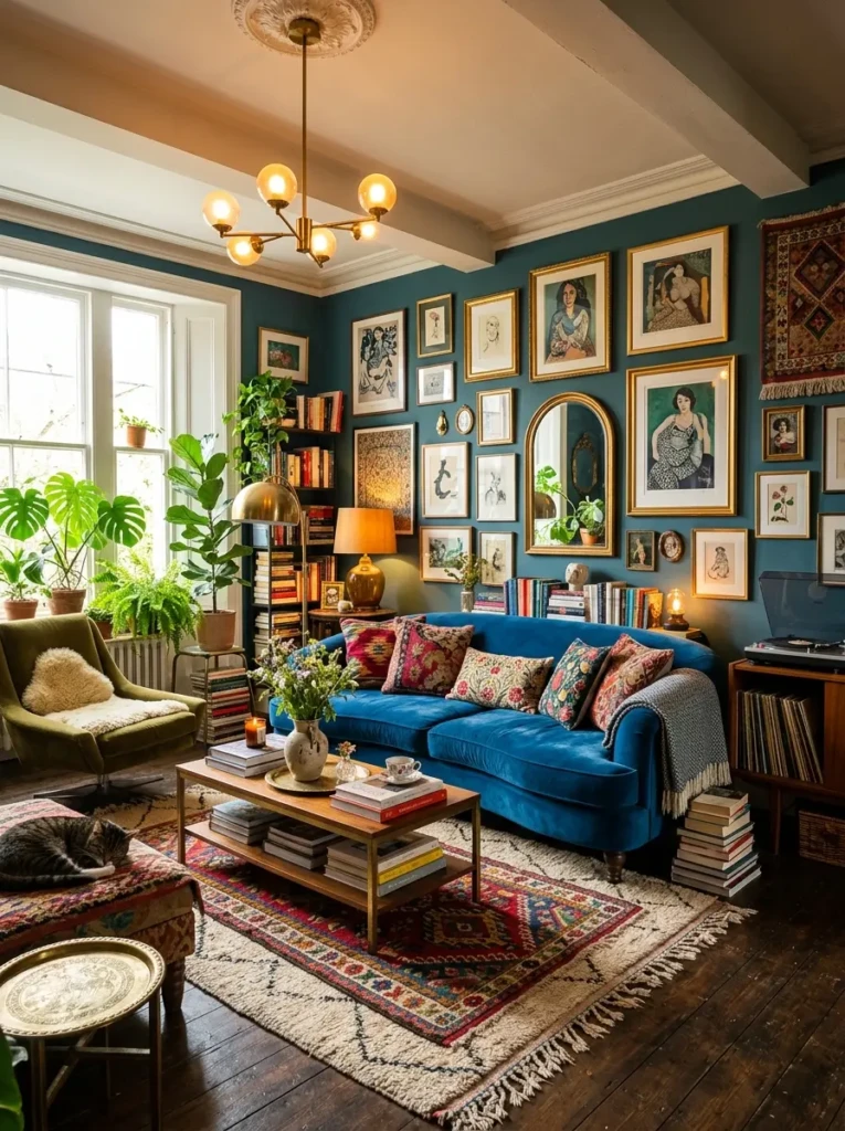 A stunning colorful living room with statement furniture, layered rugs, artistic walls, warm lighting, plants, and books.