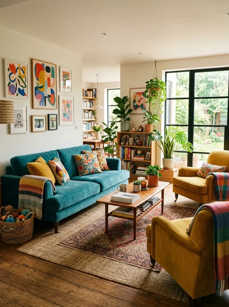 A bright colorful living room with a teal sofa, mustard chair, layered rugs, abstract wall art, indoor plants, and warm sunlight.