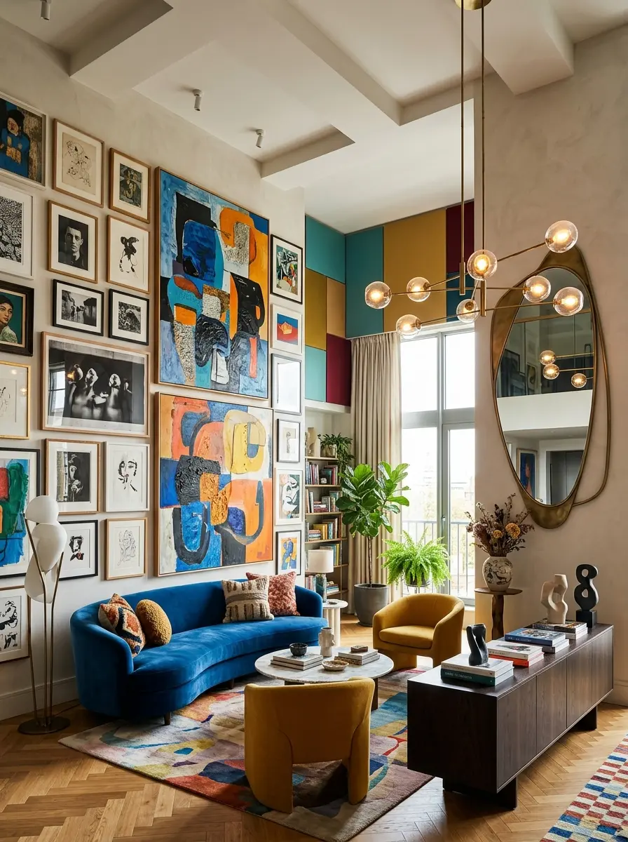 A creative living room with oversized abstract paintings, a gallery wall, sculptural mirror, and colorful wall styling.