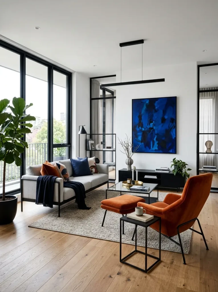 A sleek modern living room with white walls, oak floors, black-framed furniture, and bold orange and blue accents.