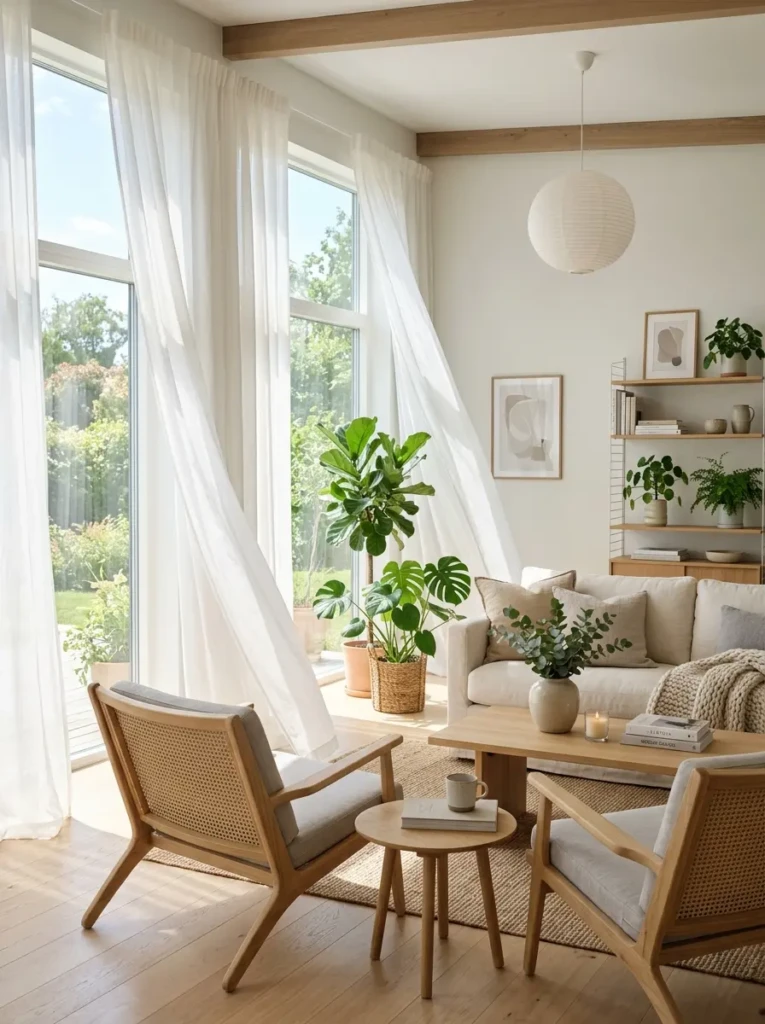 Bright airy living room with sheer white curtains, soft sunlight filtering through large windows, cream sofa, and Scandinavian-inspired décor.
