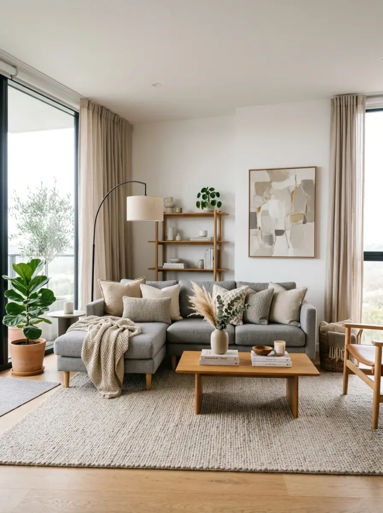 Elegant living room with layered sheer white curtains and taupe blackout drapes on double rods for a luxurious window treatment look.