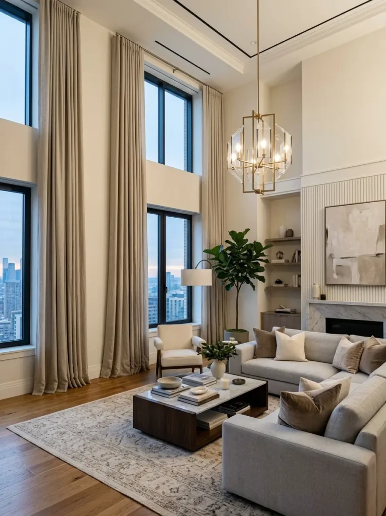 Elegant living room with long floor-length curtains, tall windows, soft neutral furniture, and vertical styling that makes the room appear higher.