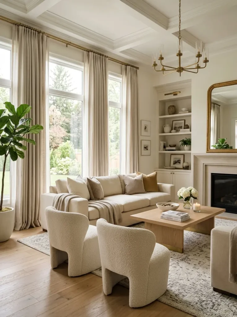Beautiful designer-inspired living room with elegant curtains, neutral furniture, soft daylight, and a polished cozy atmosphere.