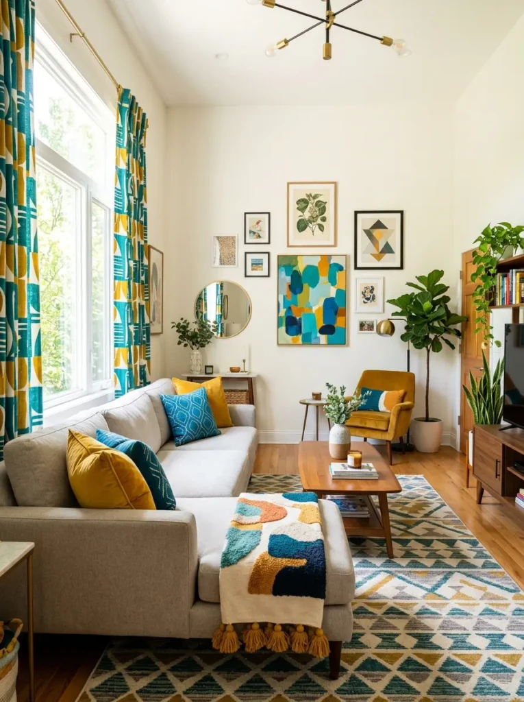 Bright modern living room with teal and mustard curtains, neutral sofa, accent pillows, and cheerful stylish décor.