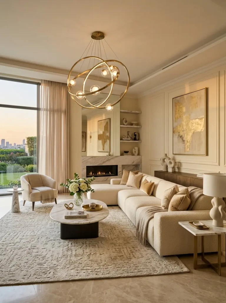 Luxury contemporary living room with oversized sectional, marble side tables, and elegant chandelier.