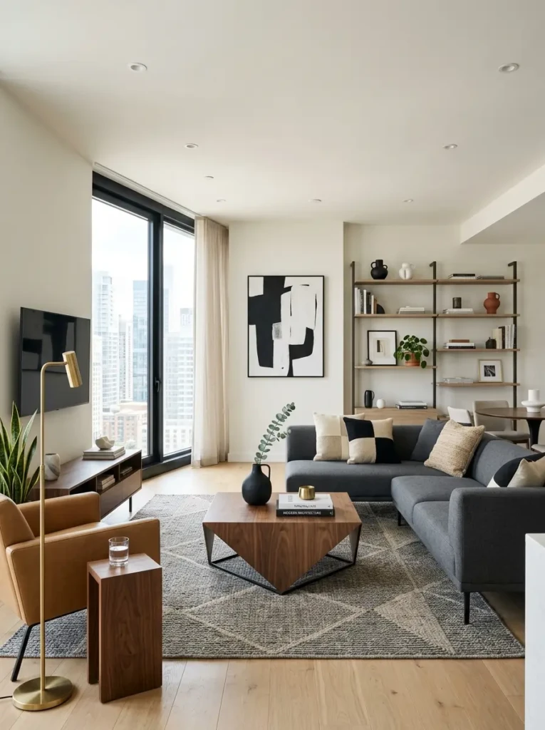 Sleek contemporary living room with clean lines, geometric table, and uncluttered simple layout.