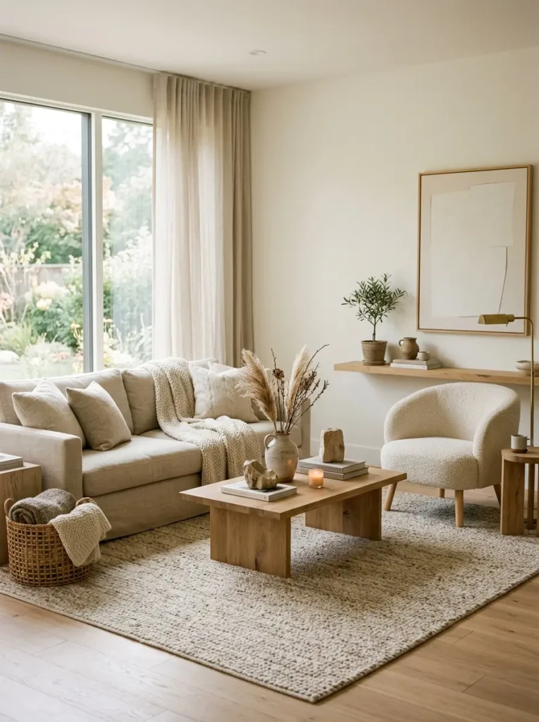 Cozy minimalist contemporary living room with boucle chair, wool rug, and layered natural textures.