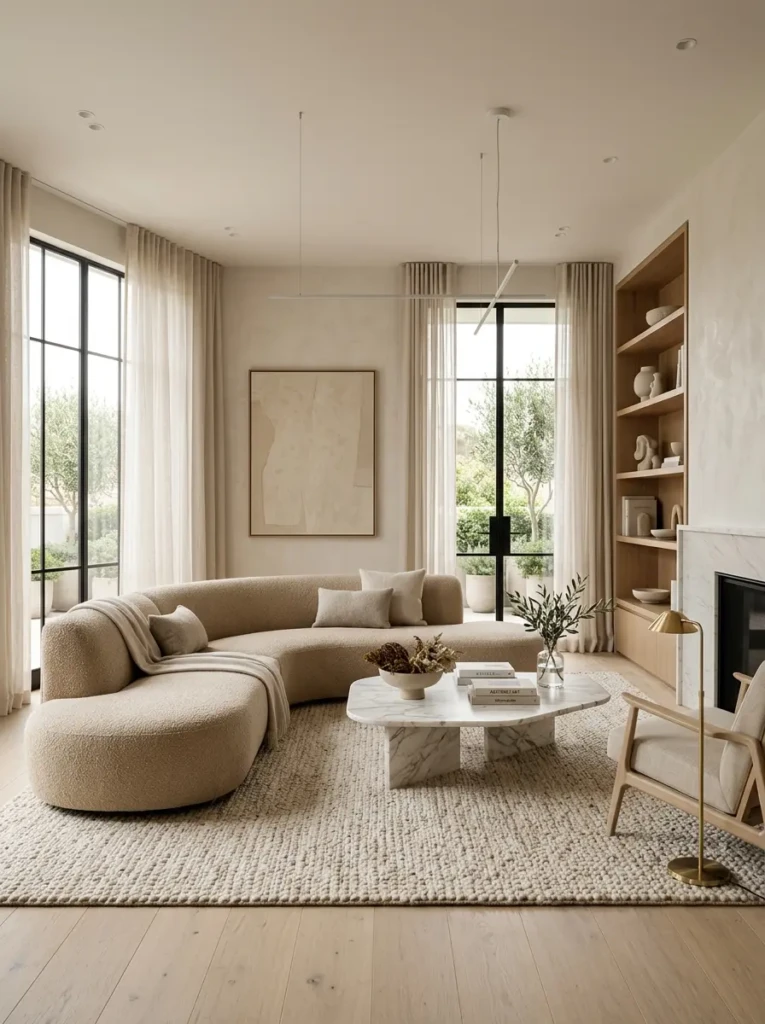 Elegant contemporary living room with beige tones, curved sofa, marble table, and minimalist modern decor.