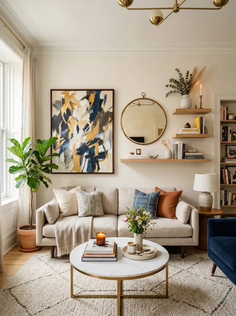Compact living room with oversized wall art, floating shelves, decorative mirror, and aesthetic accessories.