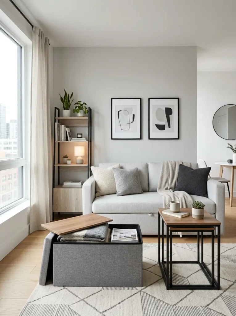 Compact living room with storage ottoman, nesting tables, and multifunctional minimalist furniture for small spaces.
