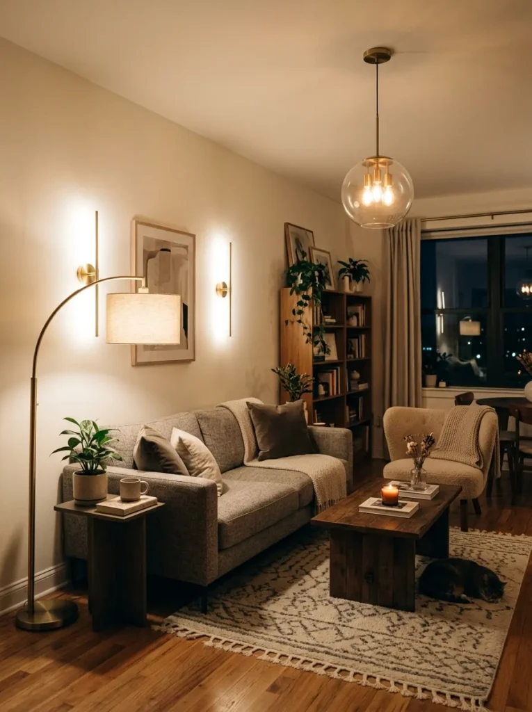 Small living room with floor lamp, pendant lighting, wall sconces, and warm cozy evening ambiance.