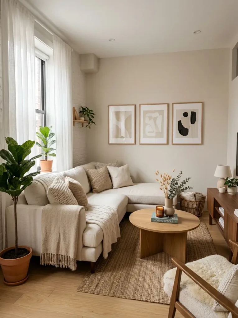 Cozy small living room with beige tones, soft textures, modern furniture, and aesthetic apartment styling inspiration.