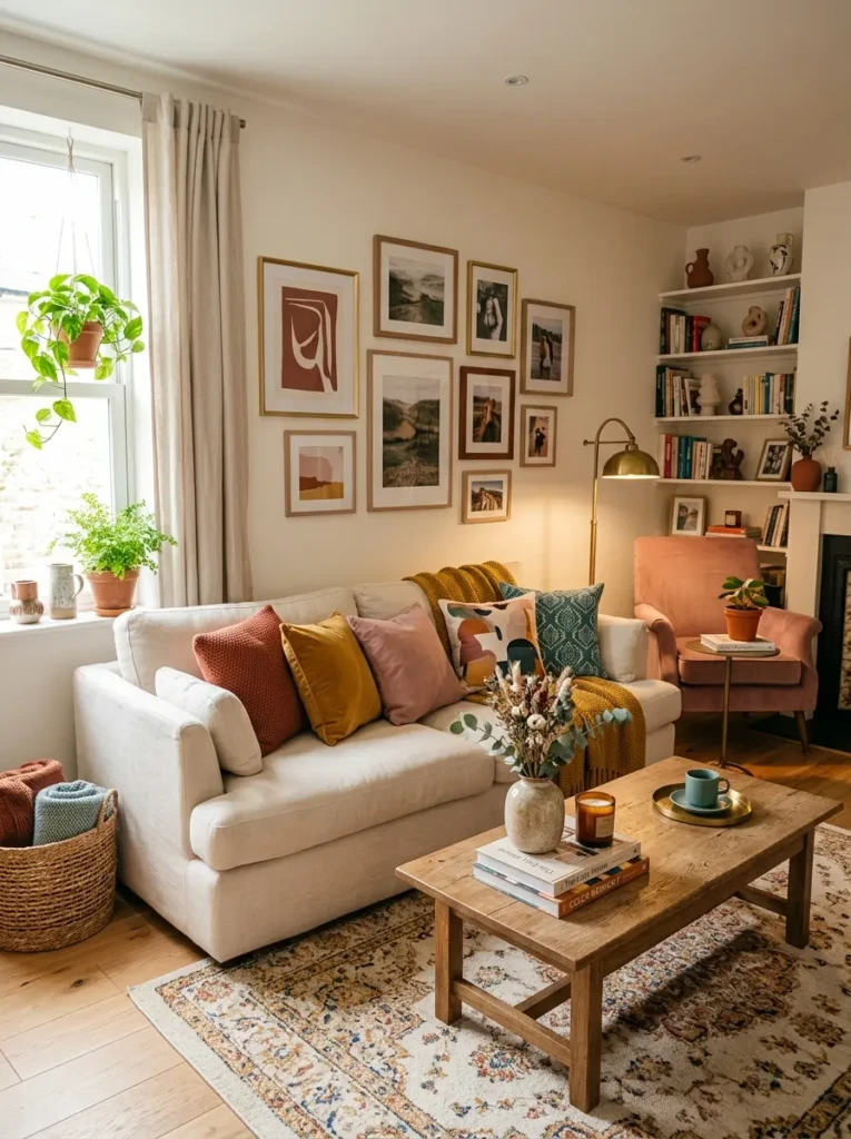 Living room styled with terracotta, mustard, dusty pink, and teal accents, cream sofa, layered pillows, and personal decorative pieces.