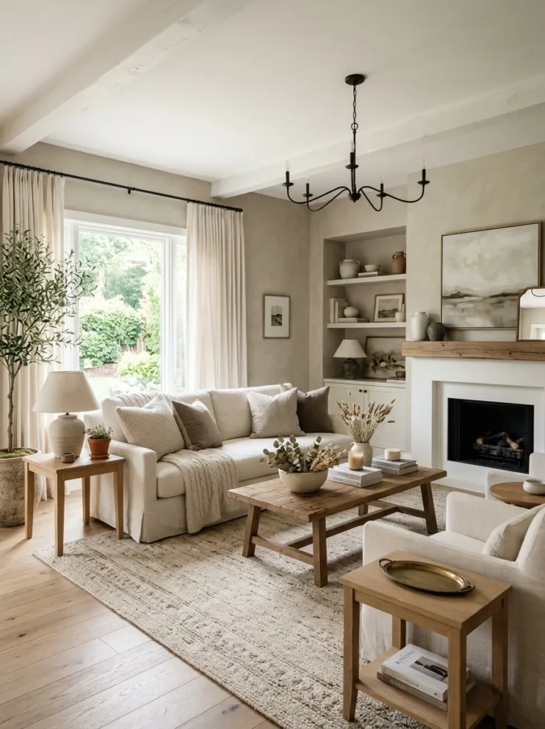 Neutral farmhouse living room decor with cream sofa, taupe accents, linen curtains, and layered natural textures.