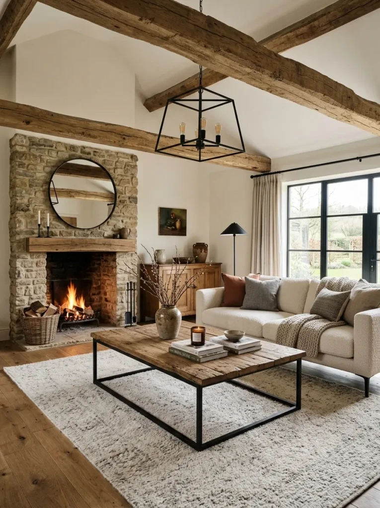 Rustic modern farmhouse living room with reclaimed wood table, sleek cream sofa, and black metal lighting.