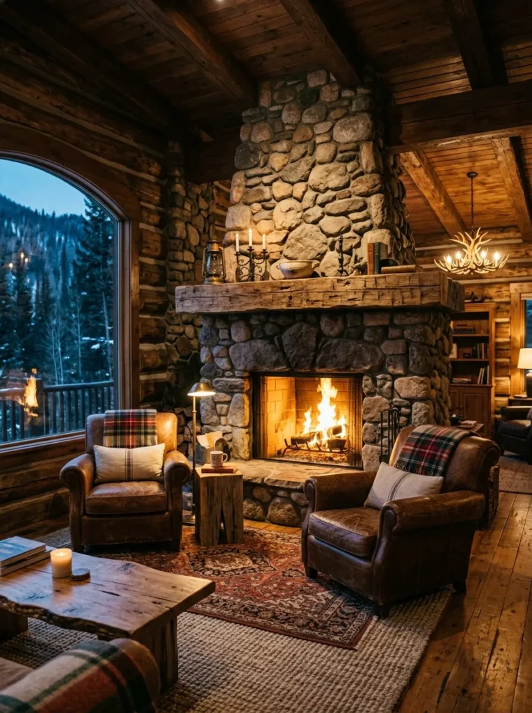 Rustic living room with stone fireplace, reclaimed wood mantel, leather seating, and glowing fire ambiance.