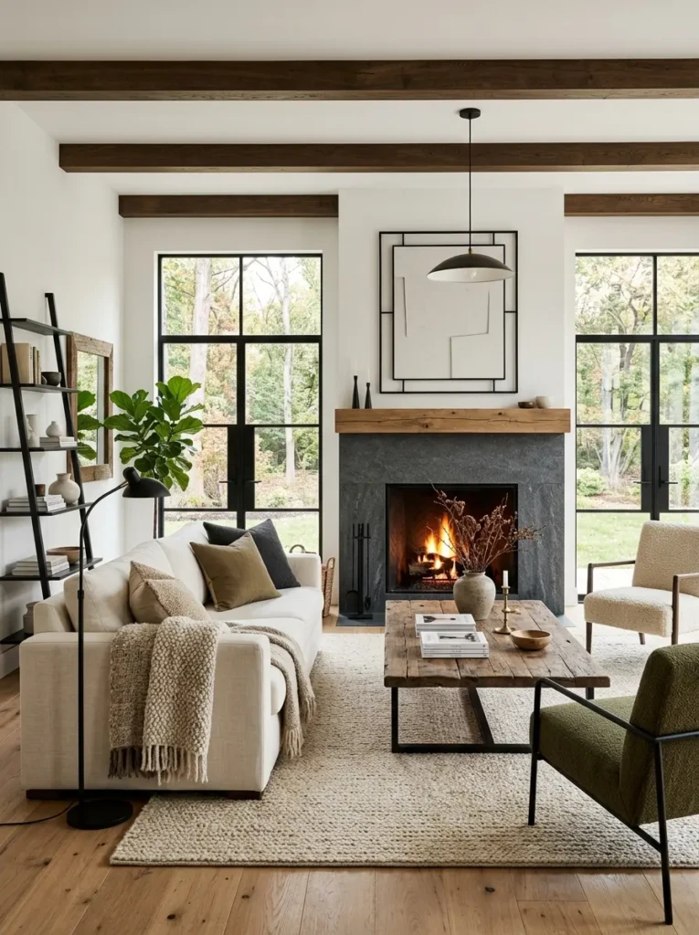 Modern rustic living room featuring neutral sofa, black metal accents, wood table, and elegant warm styling.