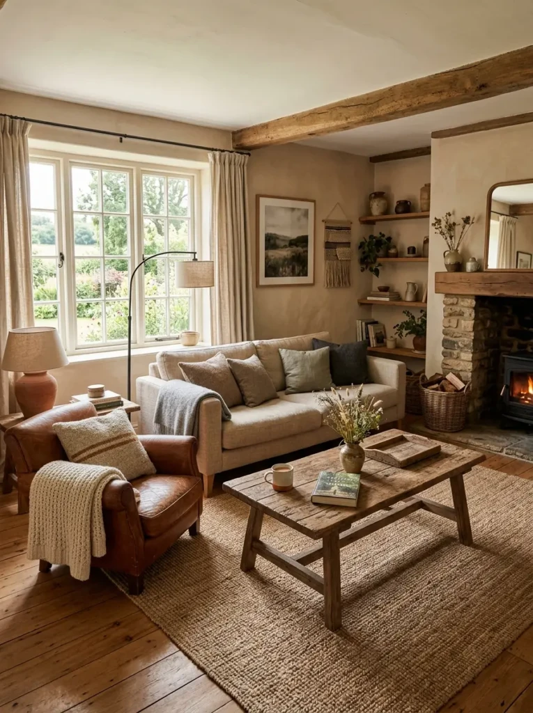Rustic living room with reclaimed wood table, jute rug, linen curtains, leather chair, and earthy textures.