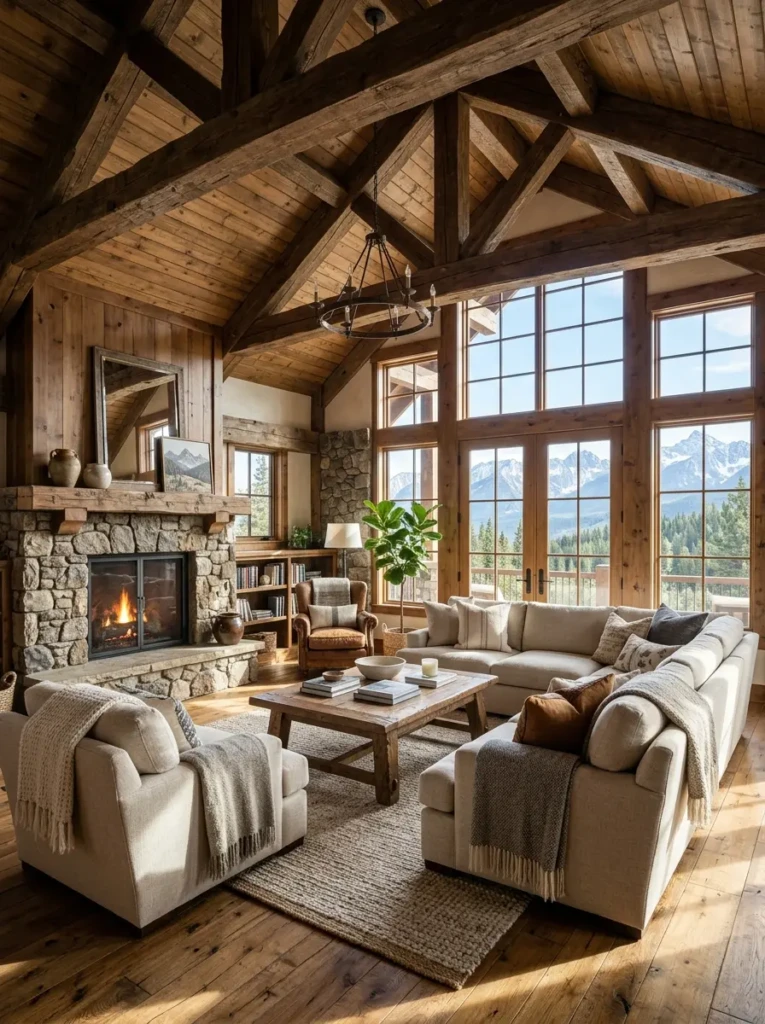 Rustic living room with exposed wood beams, vaulted ceiling, large windows, and mountain-inspired decor.