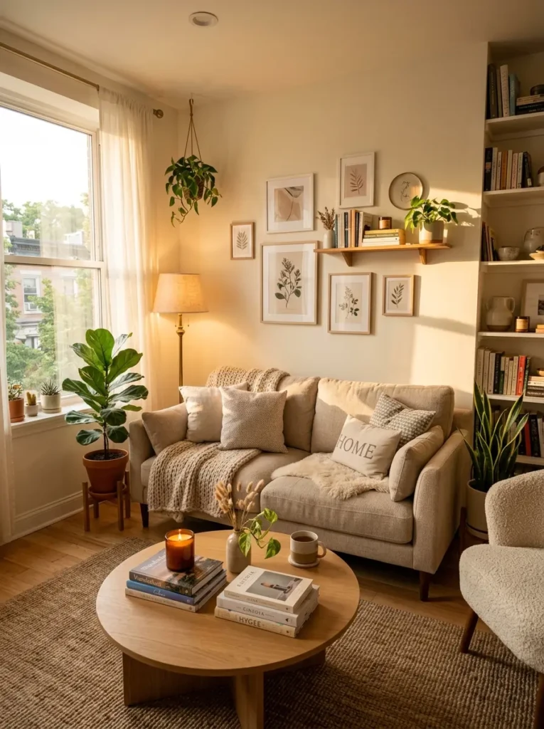 A warm small living room with beige sofa, candles, books, plants, and soft golden-hour lighting.