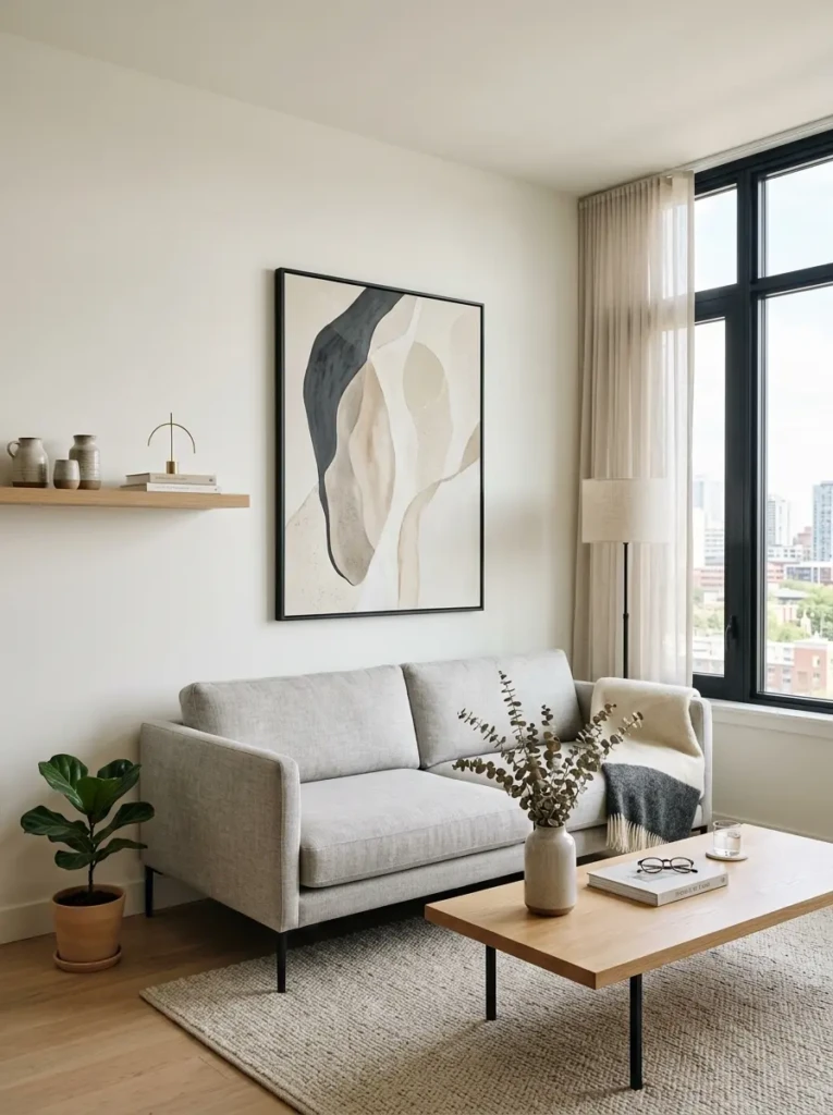 A clean minimalist small living room with neutral sofa, single wall art piece, and uncluttered surfaces.