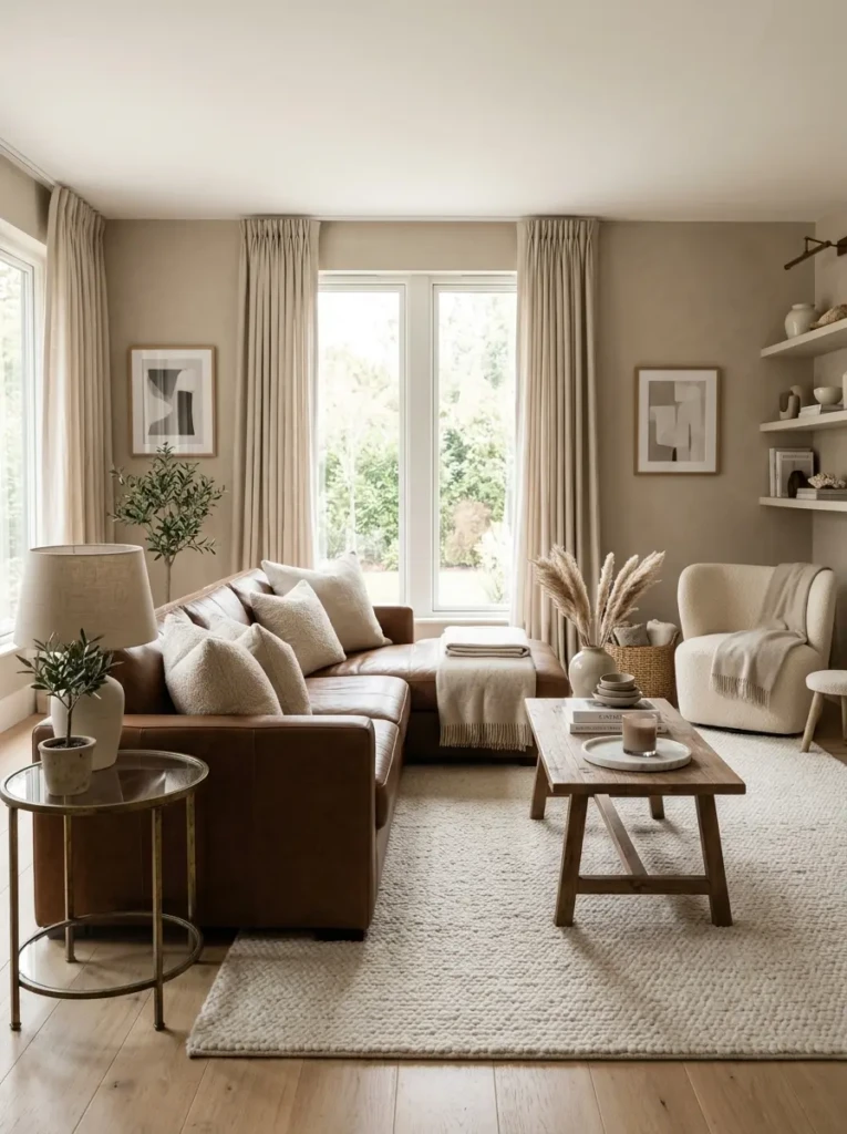 Neutral living room styled with brown couch, ivory rug, beige curtains, oatmeal pillows, and soft monochromatic decor.