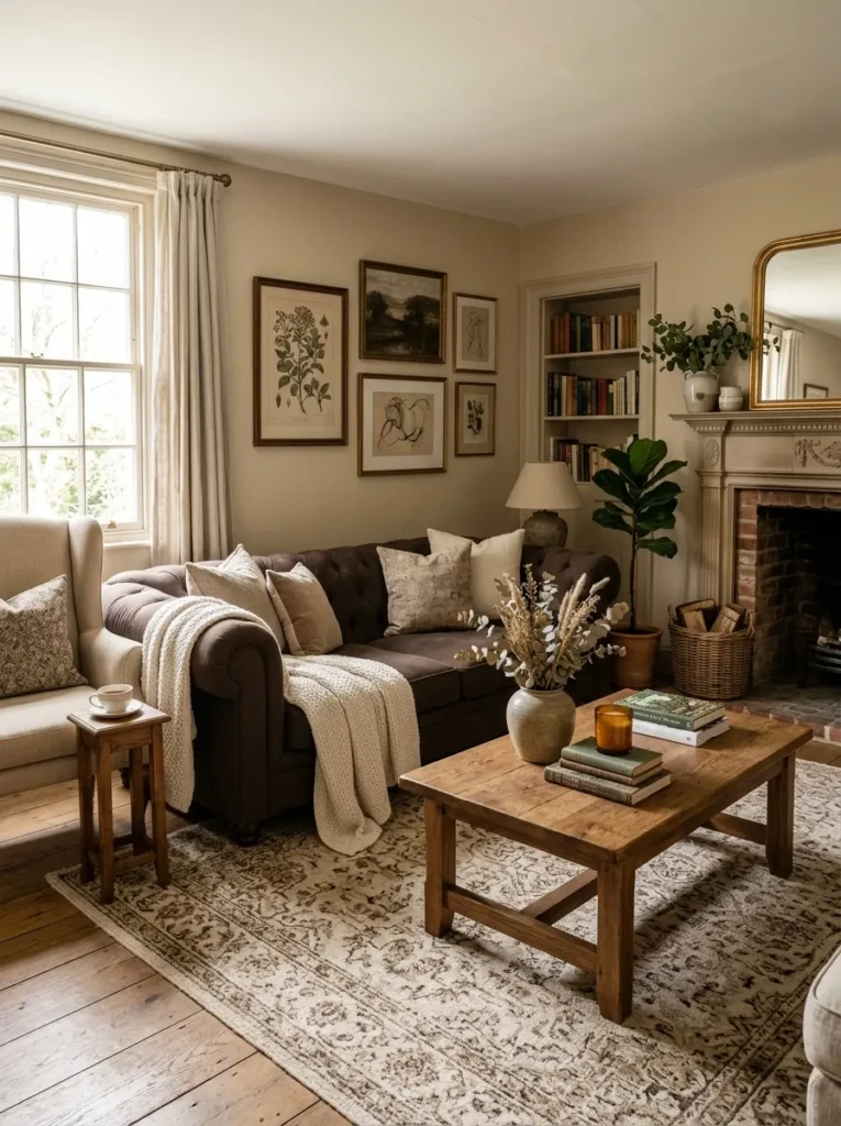 Timeless beige and brown living room with brown sofa, cream throw, oak coffee table, and warm natural light.