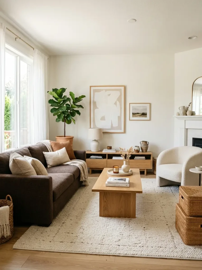 Brown couch styled with cream rug, white walls, oak coffee table, boucle chair, and woven decor in a bright airy living room.