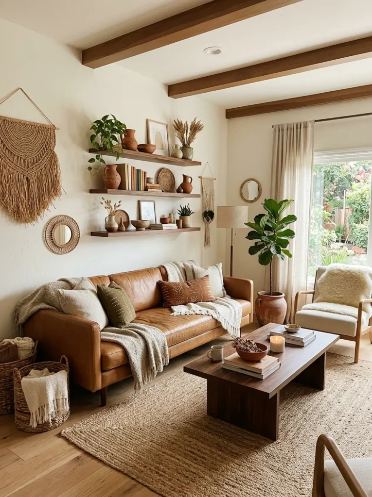 Aesthetic living room featuring a brown couch, walnut shelves, terracotta pottery, woven decor, and earthy textures.