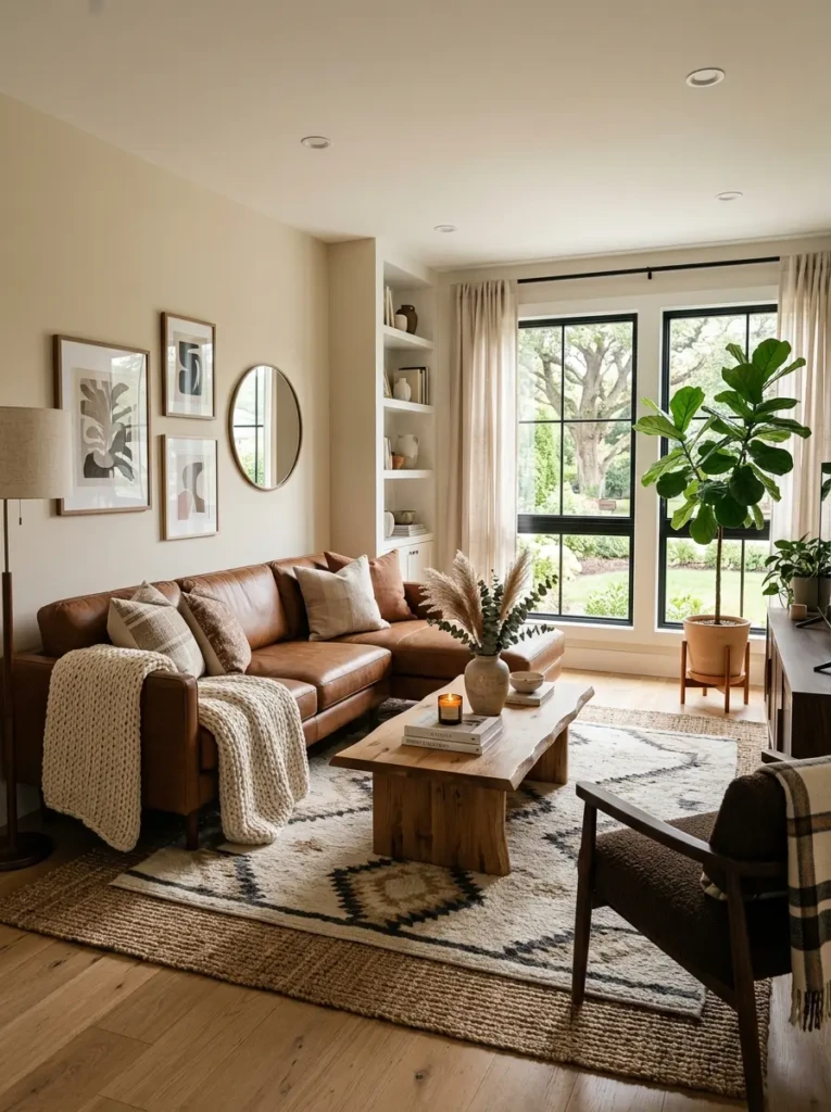 Stylish modern living room with a warm brown couch, beige walls, layered rugs, wood coffee table, and cozy neutral decor.