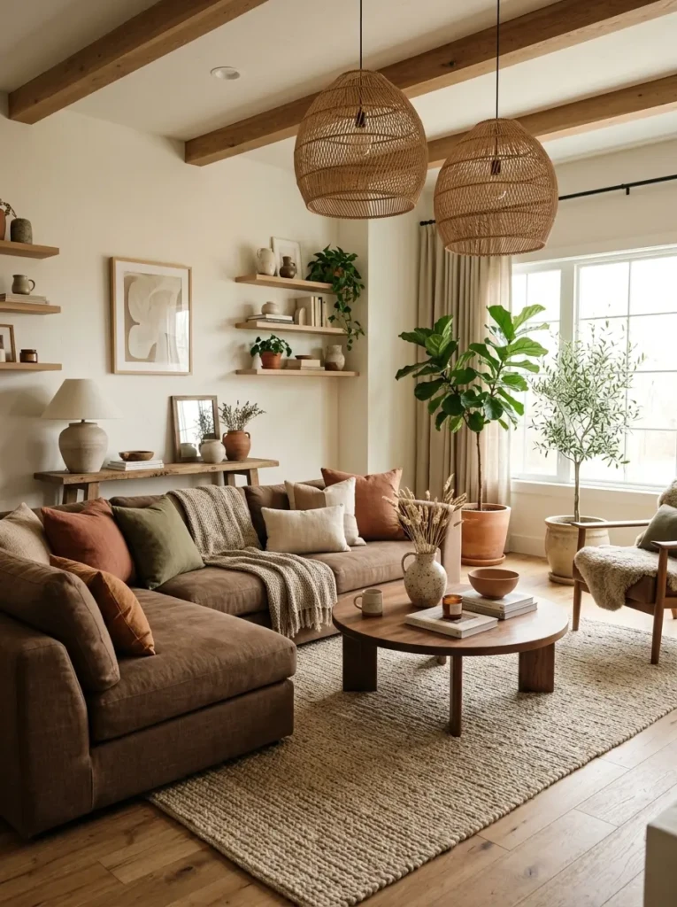 Earthy tone living room with brown sofa, clay accents, olive decor, woven lighting, and ceramic accessories.