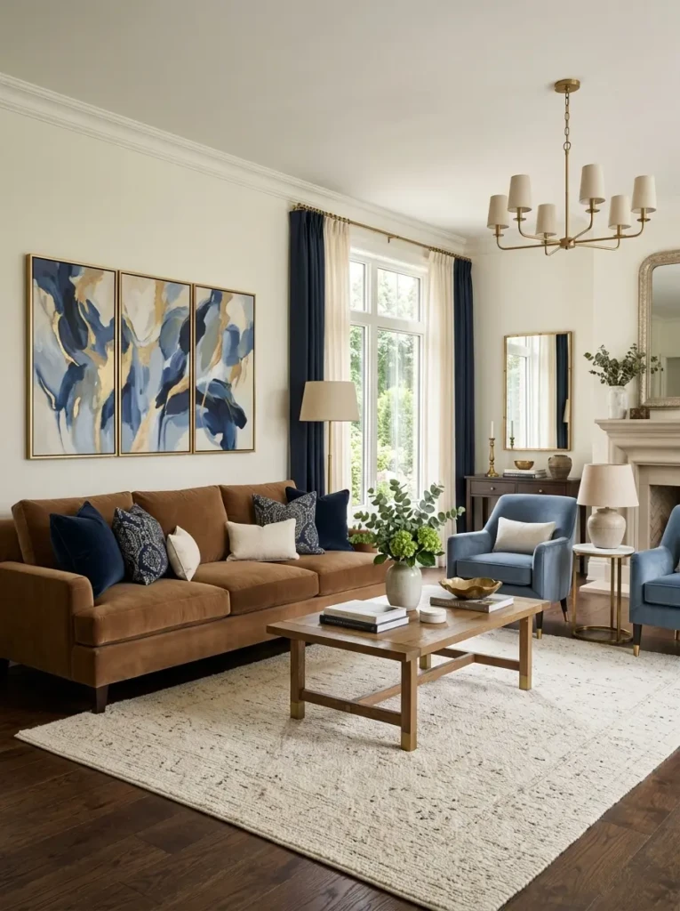 Refined brown sofa living room with muted blue pillows, navy accents, brass lighting, and cream rug.