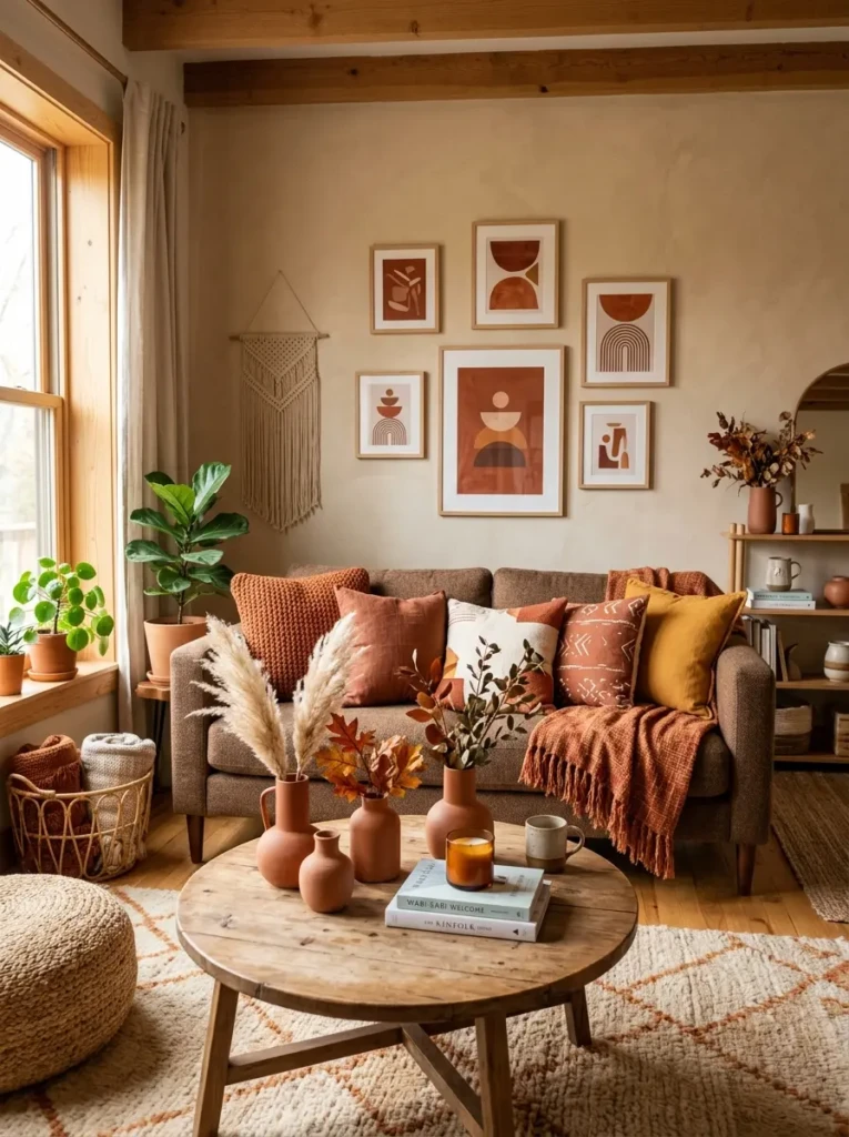 Brown couch with burnt orange pillows, terracotta vases, rust artwork, and warm cozy living room styling.
