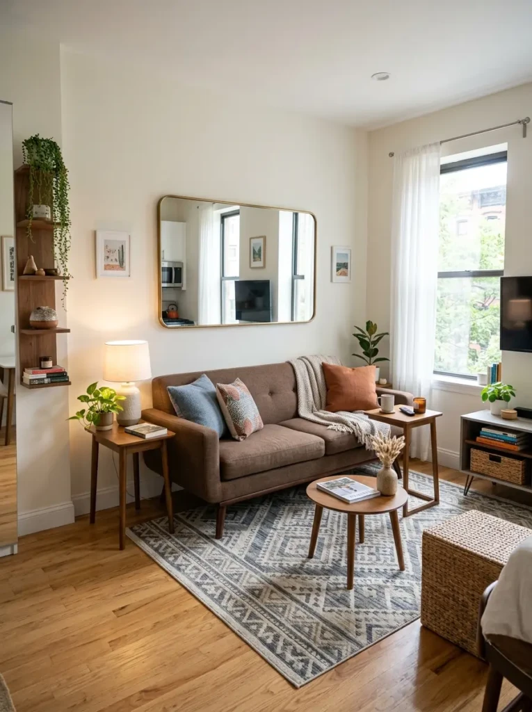 Small living room with brown couch, slim side tables, mirror wall, light walls, and compact stylish layout.