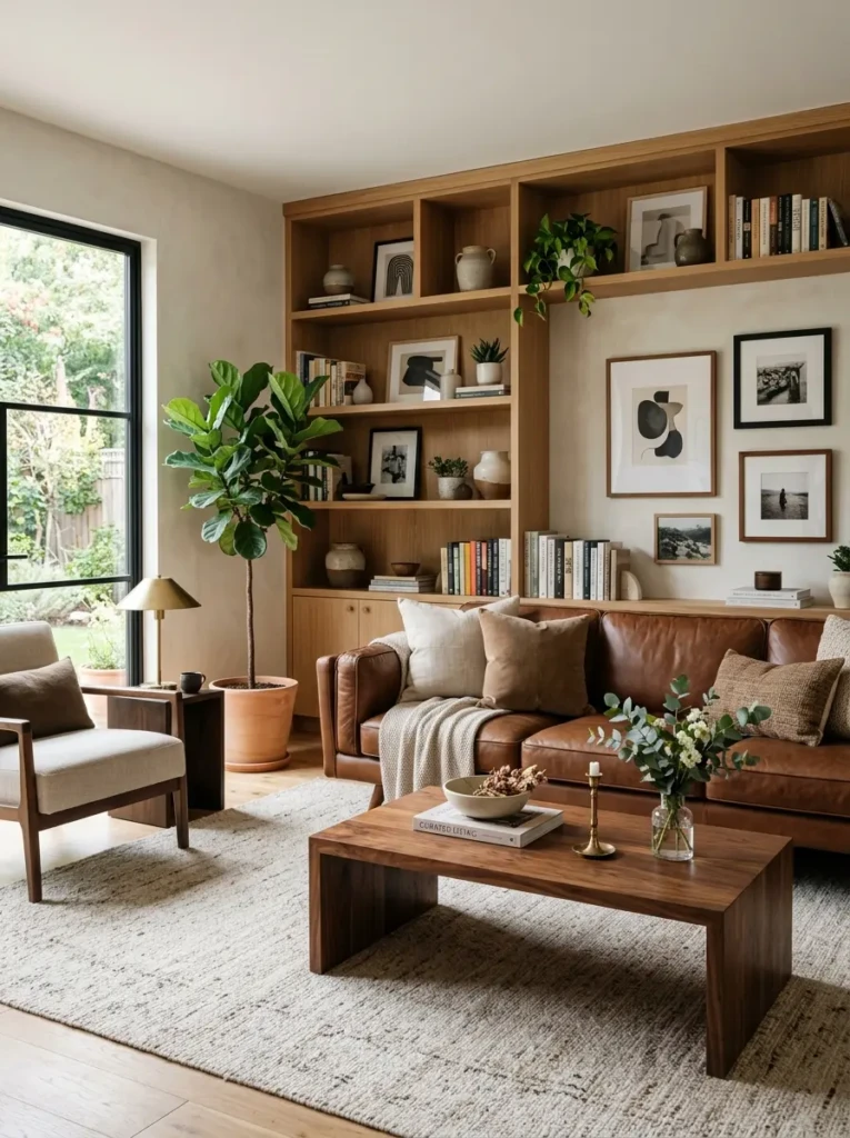 Living room with brown sofa, walnut coffee table, oak shelving, neutral rug, and balanced wood tones.