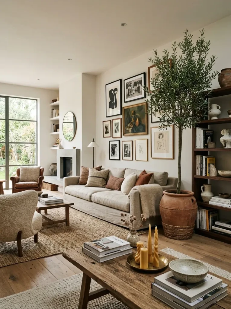 Modern living room styled with books, ceramics, candles, gallery wall, and indoor olive tree.