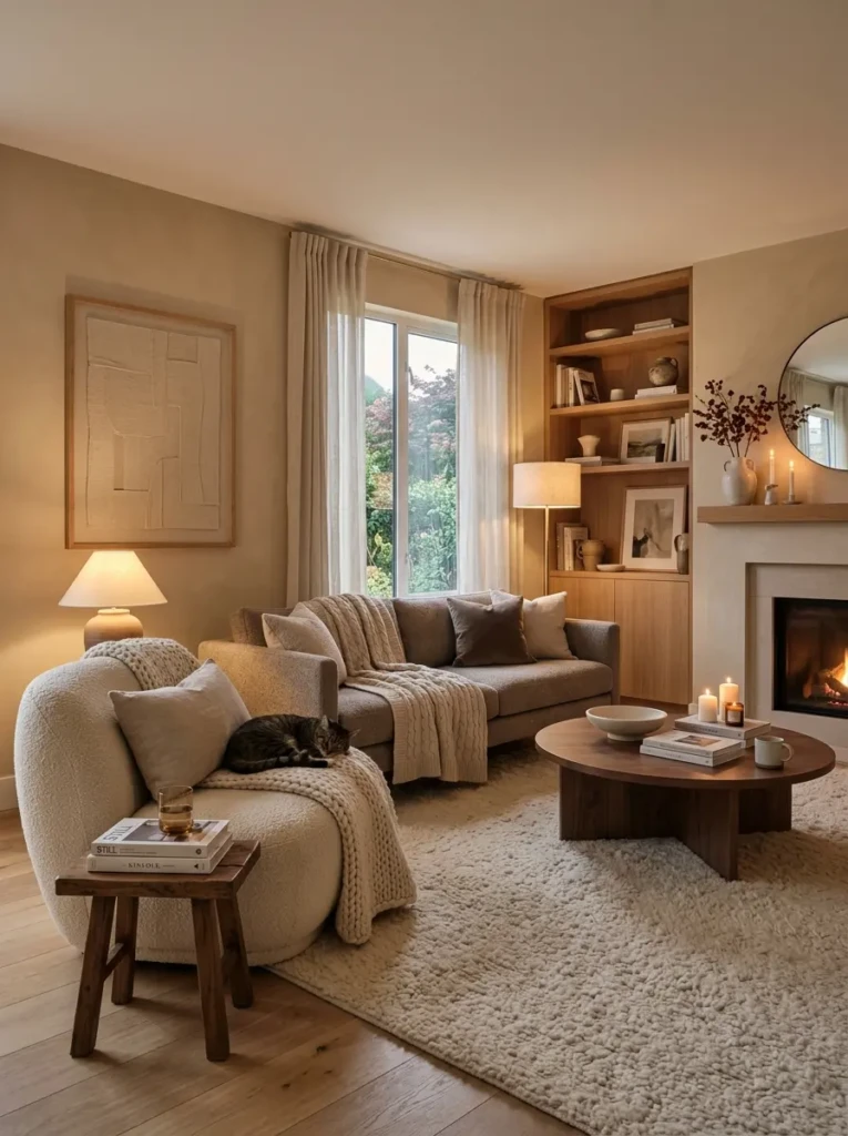 Cozy neutral living room with beige walls, plush rug, boucle chair, layered throws, and warm wood accents.