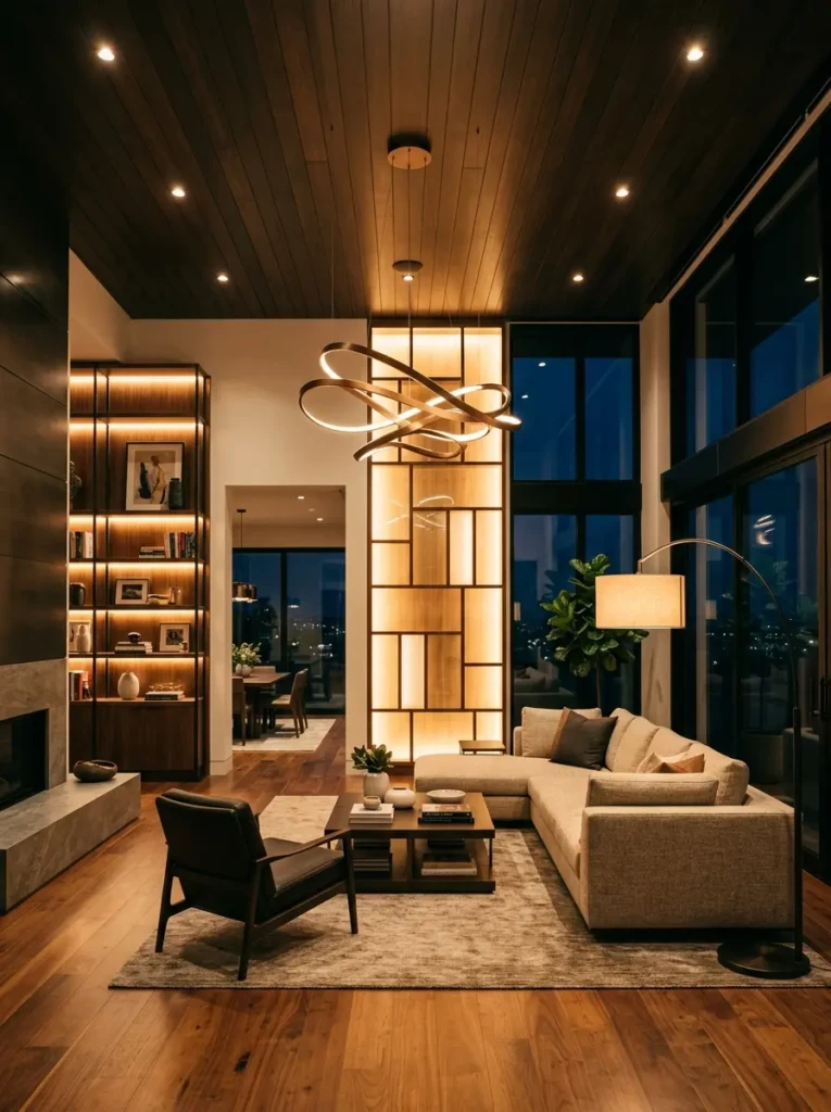 Modern living room with recessed lights, pendant fixture, LED shelving glow, and warm ambient atmosphere.