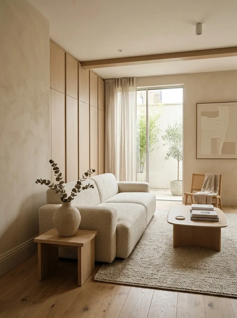 Minimalist modern living room featuring boucle sofa, ceramic vase, hidden storage, and soft beige tones.