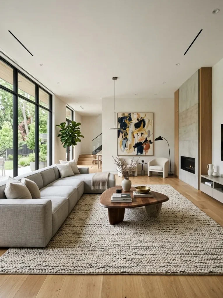 Spacious modern living room with low-profile sofa, oversized rug, abstract wall art, and balanced open layout.