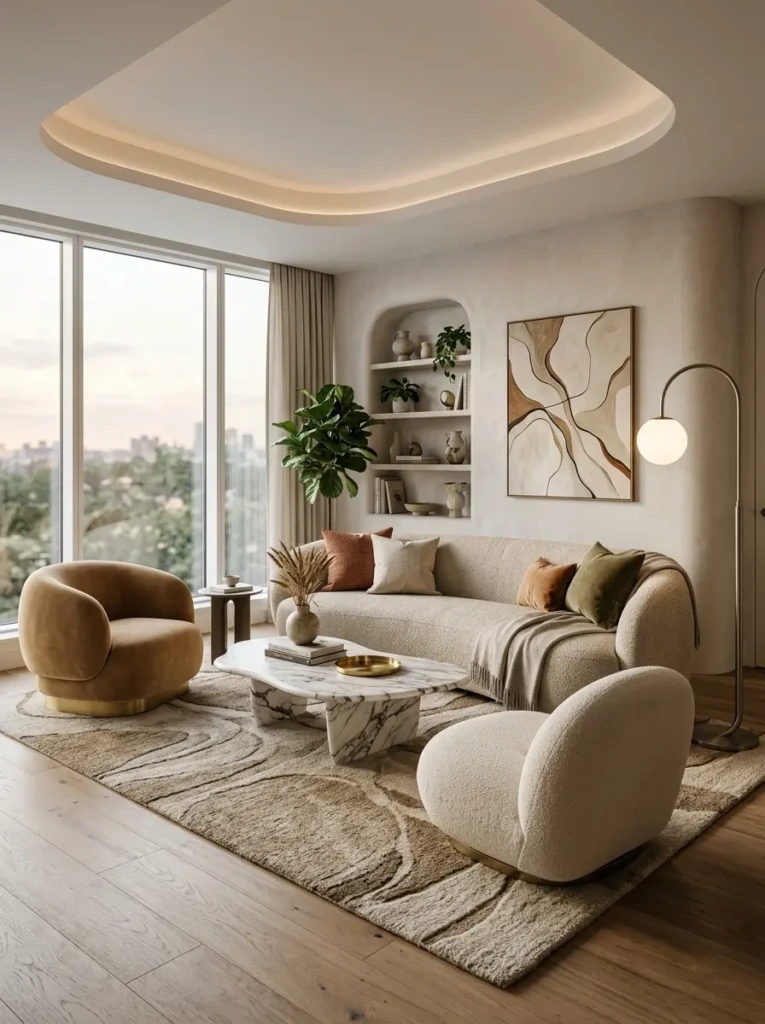 Contemporary living room with curved sofa, rounded chairs, marble table, and warm layered textures.