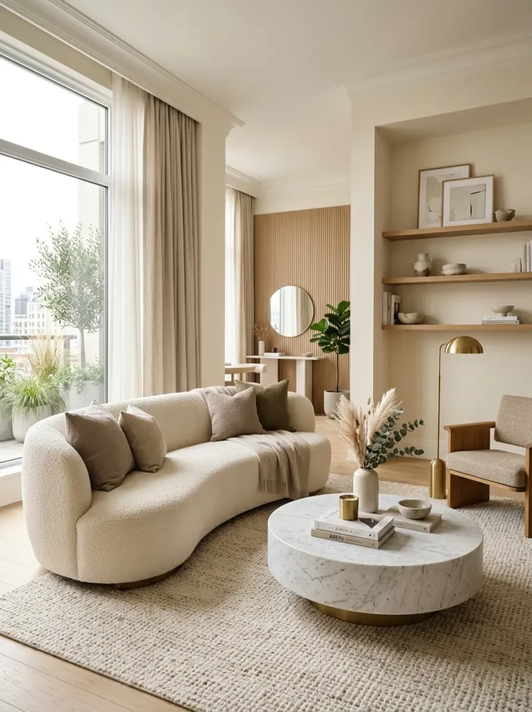 Bright modern living room with curved sofa, marble coffee table, neutral palette, and elegant minimalist styling.