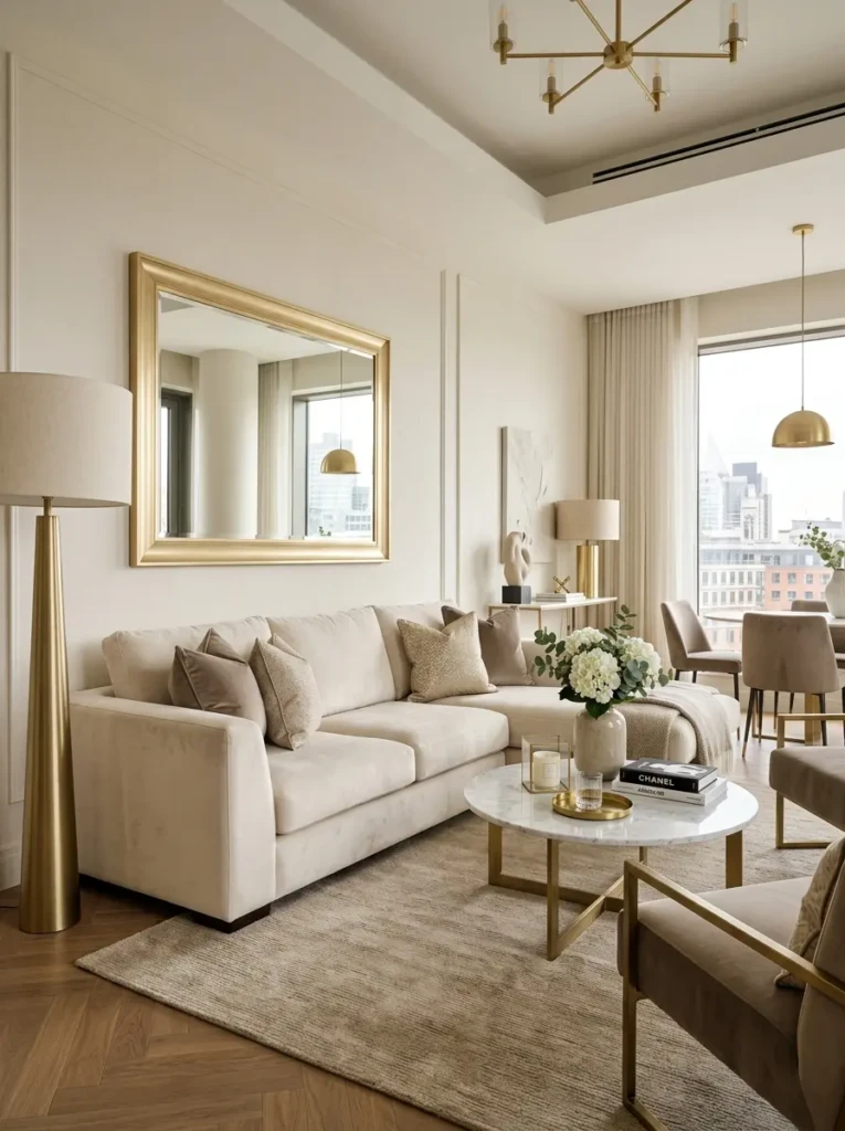 Modern living room featuring brushed gold accents, marble coffee table, cream sofa, taupe cushions, and subtle glamorous styling.